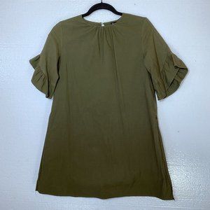 Zara Womens Size Small Olive Green Ruffle Sleeve Romper Shift Dress Side Slits